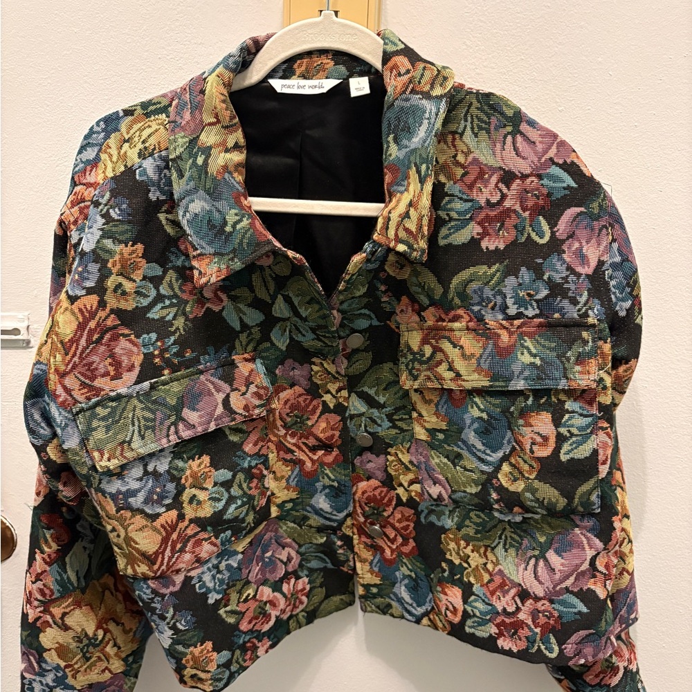 Peace Love World Vibrant Floral Bomber Jacket